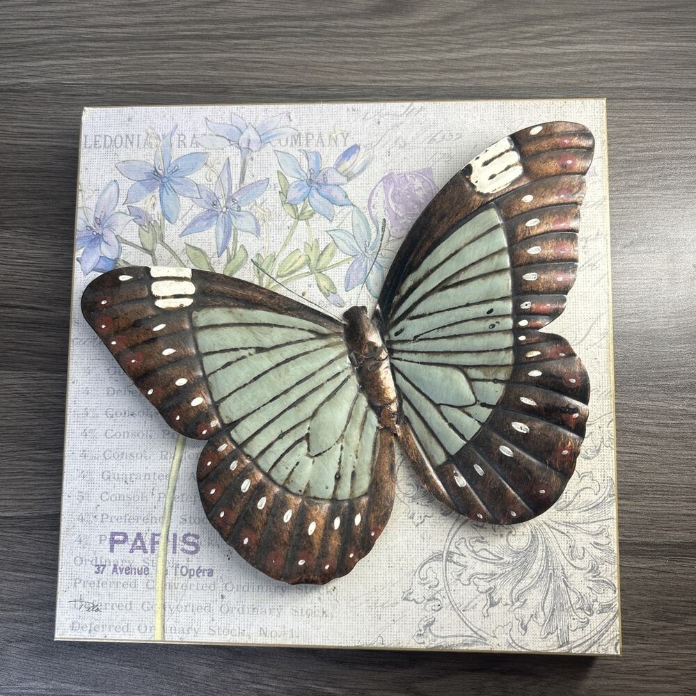 3D Butterfly Metal Wall Art Plaque Floral Paris 12x12 Blue Green Brown Decor